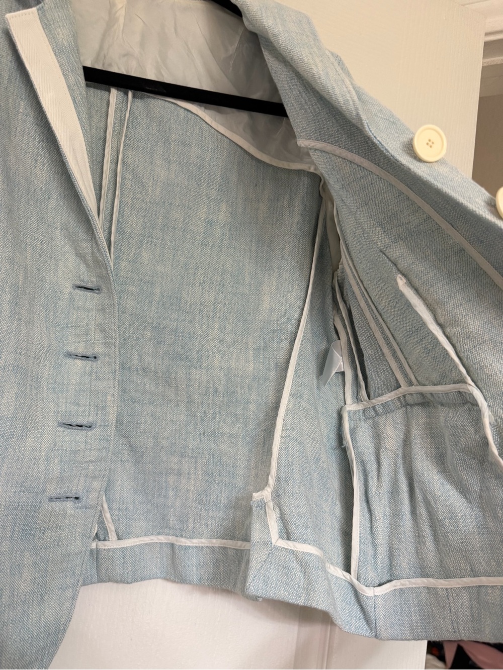 Akris Punto Blue Linen Blend Tailored Blazer Jacket Cream Buttons Designer 14 - Picture 4 of 12